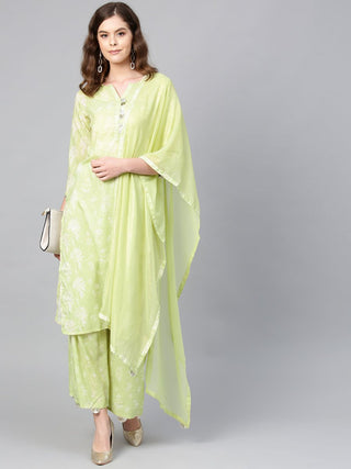 Ahalyaa Women Green & White Printed Kurta with Palazzos & Dupatta