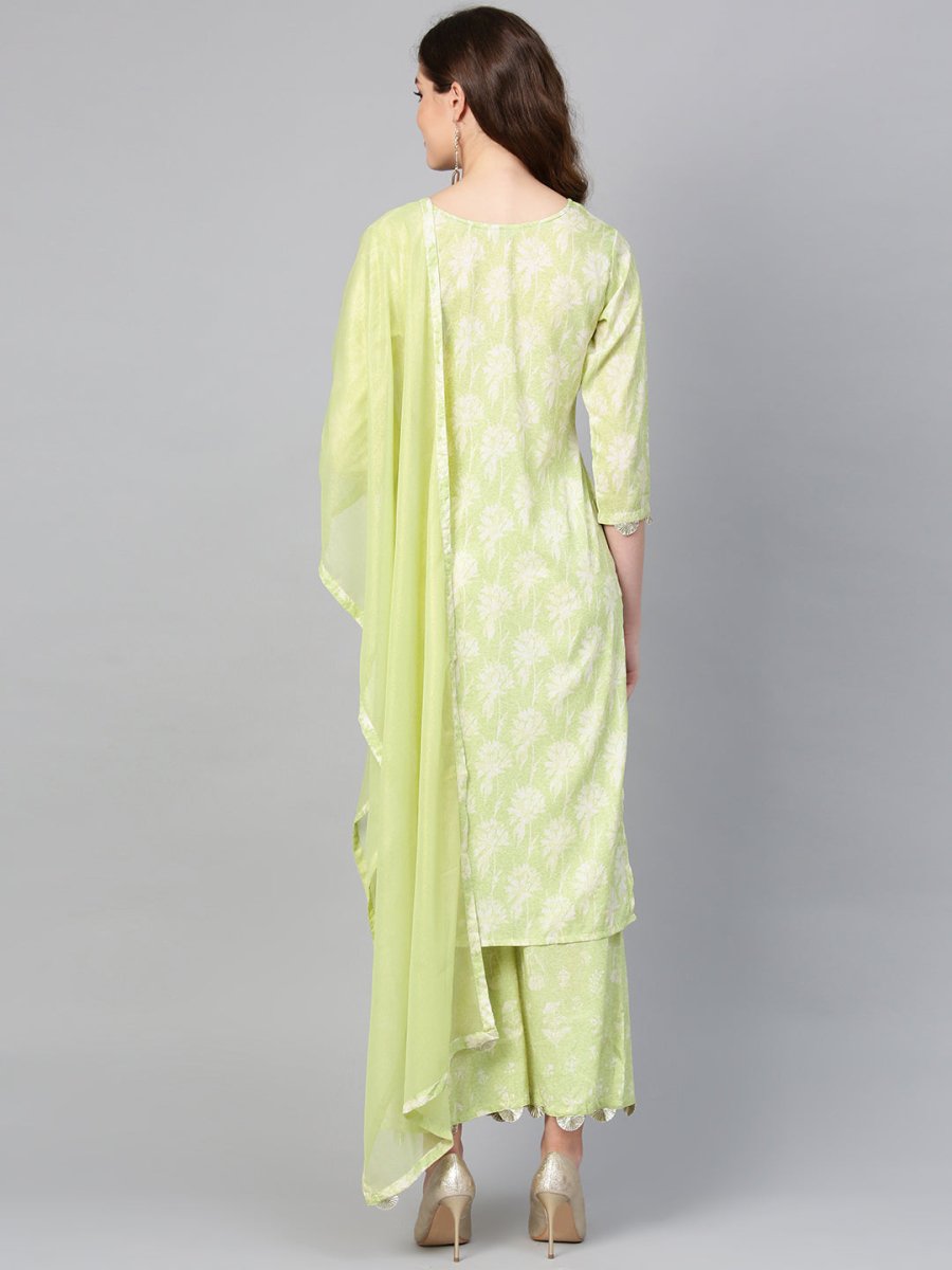 Ahalyaa Women Green & White Printed Kurta with Palazzos & Dupatta