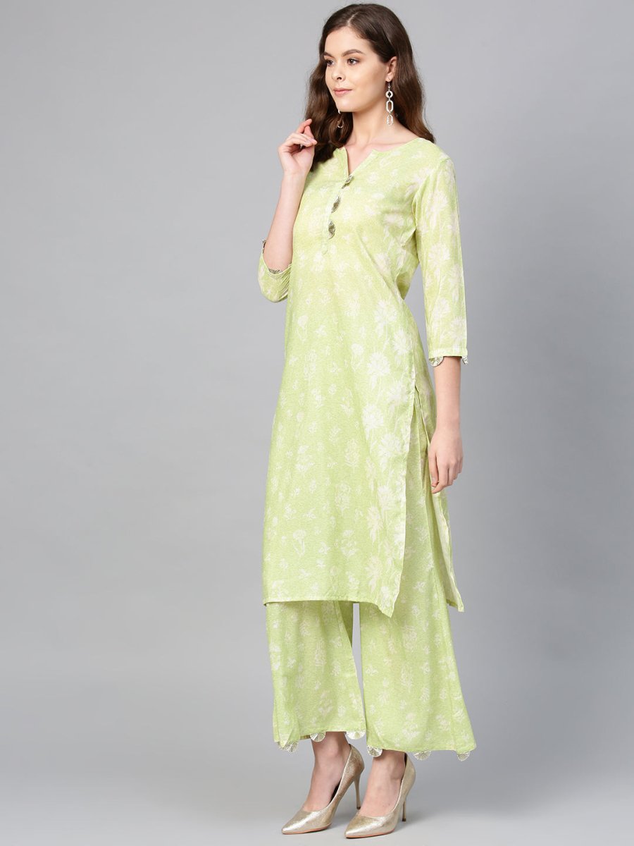 Ahalyaa Women Green & White Printed Kurta with Palazzos & Dupatta