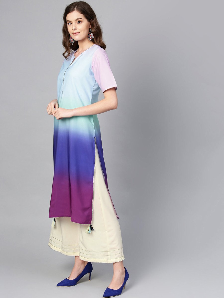 Ahalyaa Women Blue & Off-White Dyed Kurta with Palazzos & Dupatta