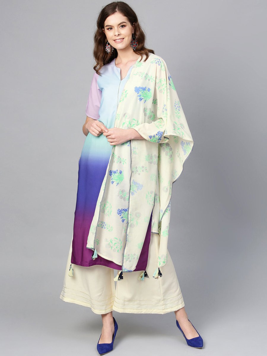 Ahalyaa Women Blue & Off-White Dyed Kurta with Palazzos & Dupatta