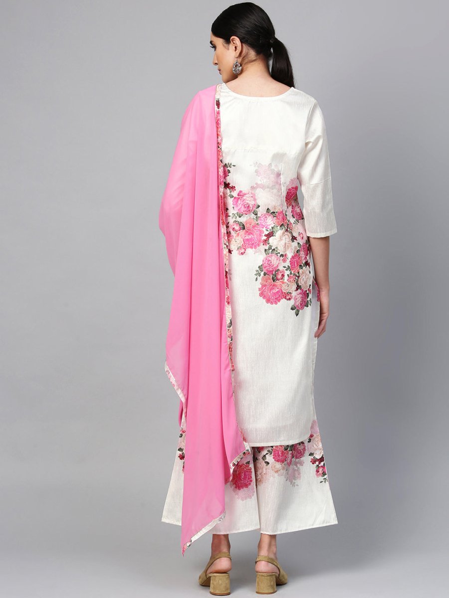 Ahalyaa Women Off-White & Pink Printed Kurta with Palazzos & Dupatta