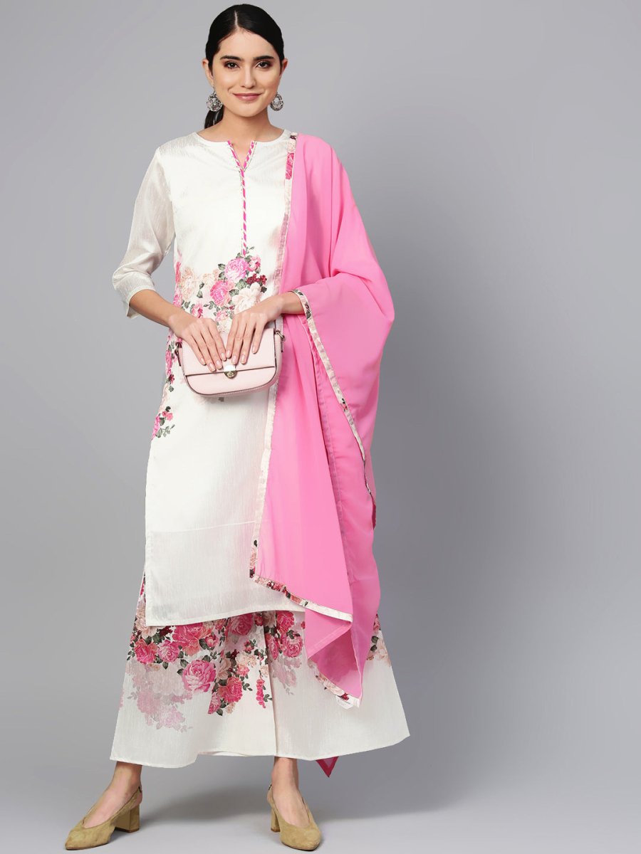 Ahalyaa Women Off-White & Pink Printed Kurta with Palazzos & Dupatta