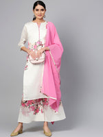 Thumbnail for Ahalyaa Women Off-White & Pink Printed Kurta with Palazzos & Dupatta