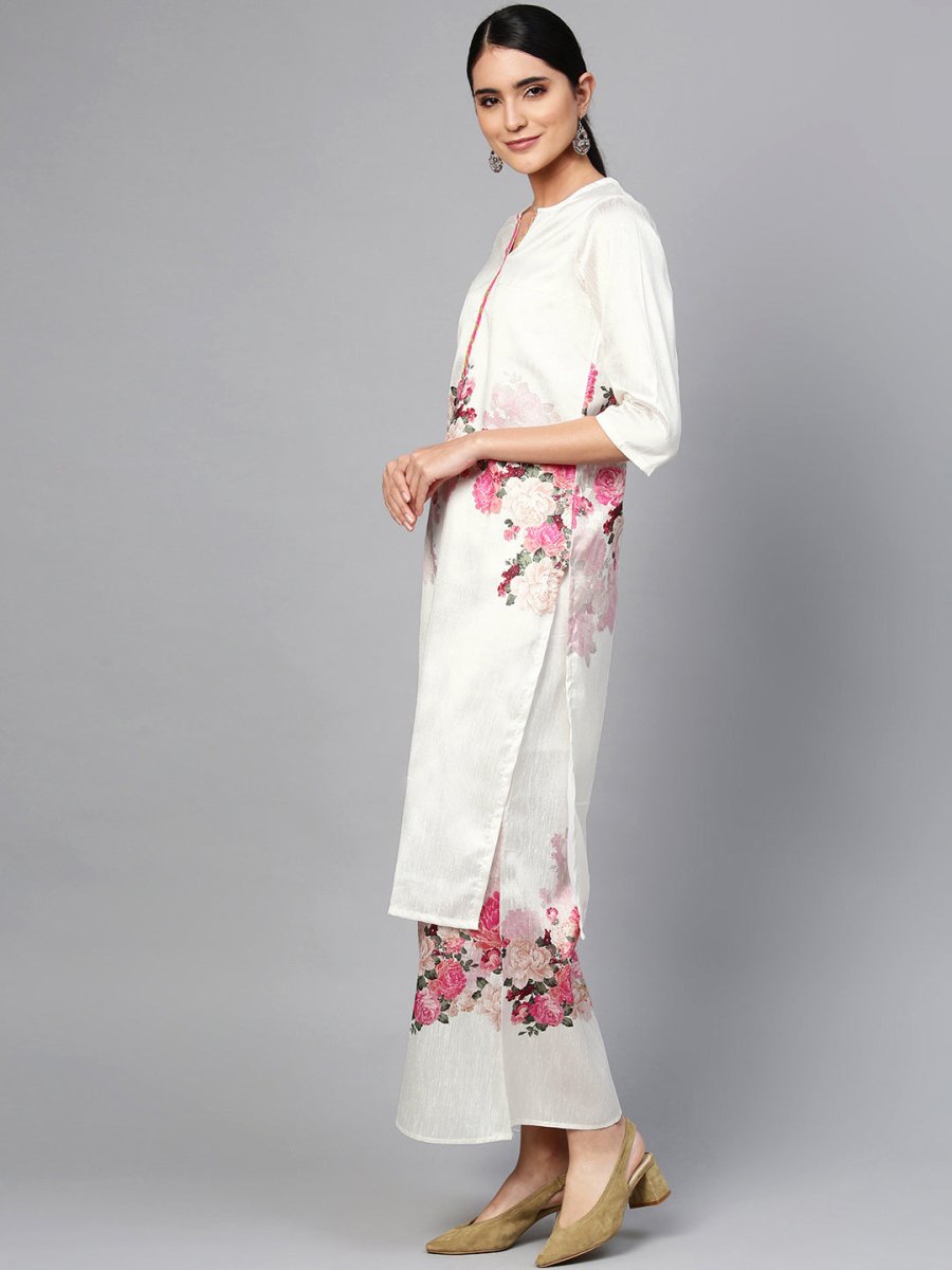 Ahalyaa Women Off-White & Pink Printed Kurta with Palazzos & Dupatta