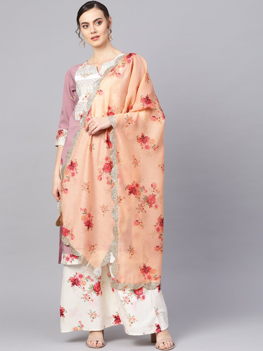 Ahalyaa Women Mauve & Cream-Coloured Printed Kurta with Palazzos & Dupatta - Distacart