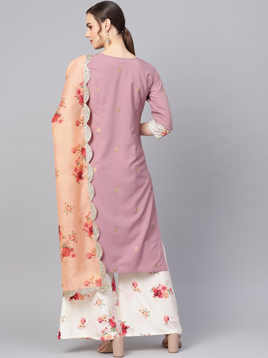 Ahalyaa Women Mauve & Cream-Coloured Printed Kurta with Palazzos & Dupatta - Distacart