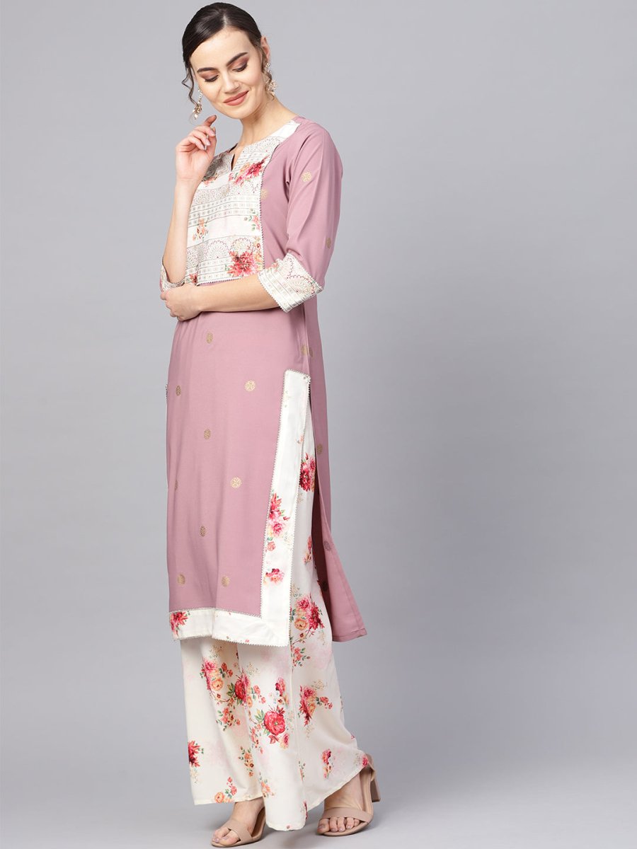 Ahalyaa Women Mauve & Cream-Coloured Printed Kurta with Palazzos & Dupatta - Distacart