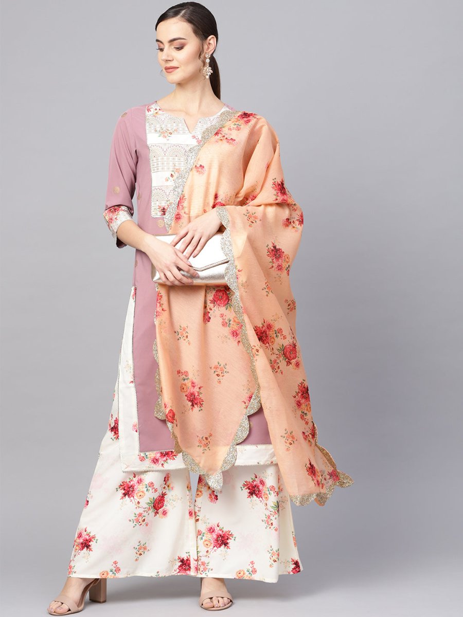 Ahalyaa Women Mauve & Cream-Coloured Printed Kurta with Palazzos & Dupatta - Distacart