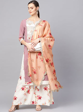 Ahalyaa Women Mauve & Cream-Coloured Printed Kurta with Palazzos & Dupatta - Distacart