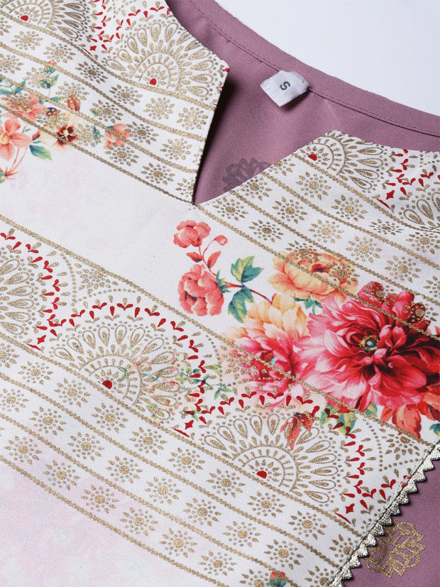 Ahalyaa Women Mauve & Cream-Coloured Printed Kurta with Palazzos & Dupatta - Distacart