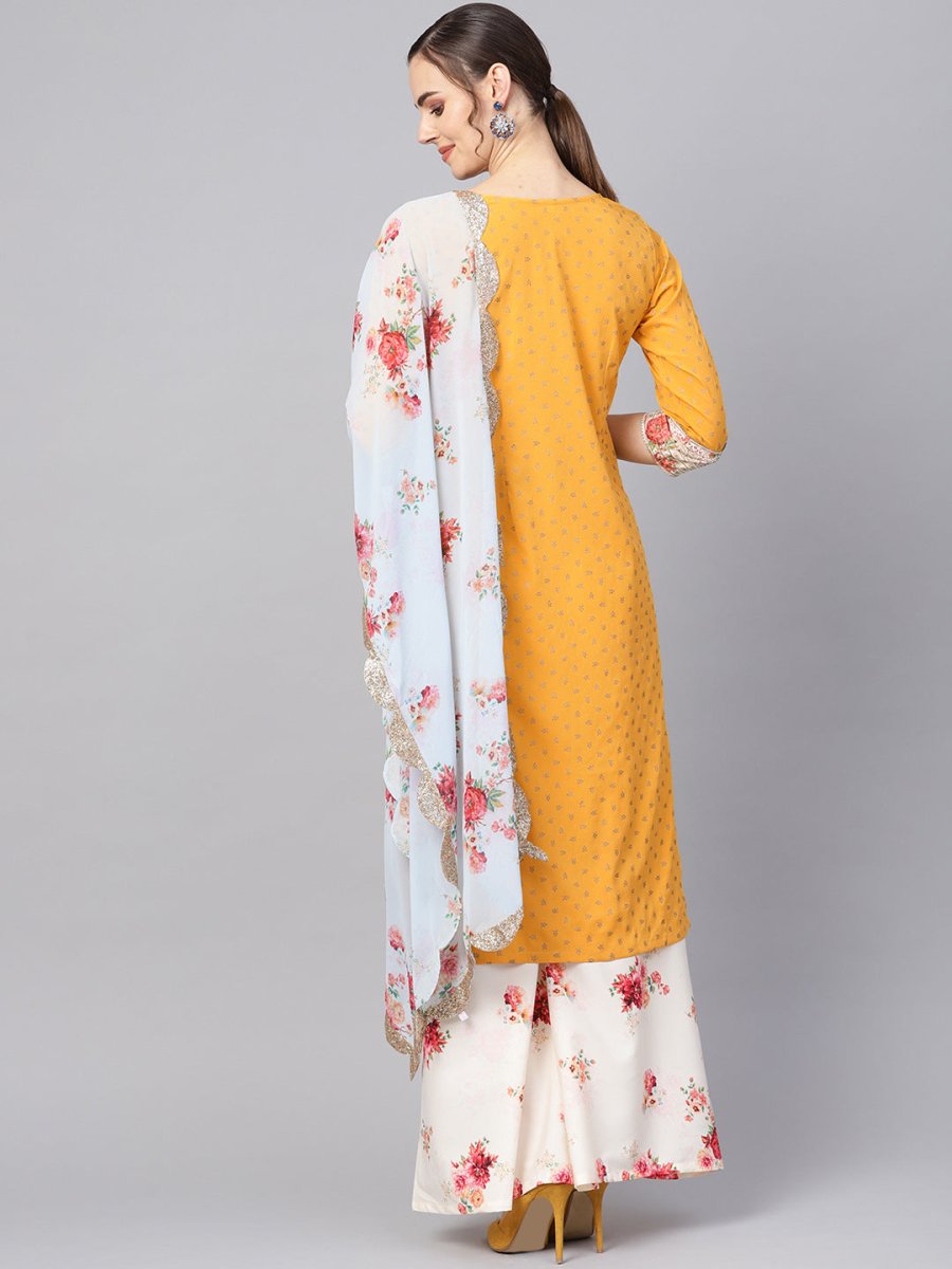 Ahalyaa Women Mustard Yellow & Cream-Coloured Printed Kurta with Palazzos & Dupatta