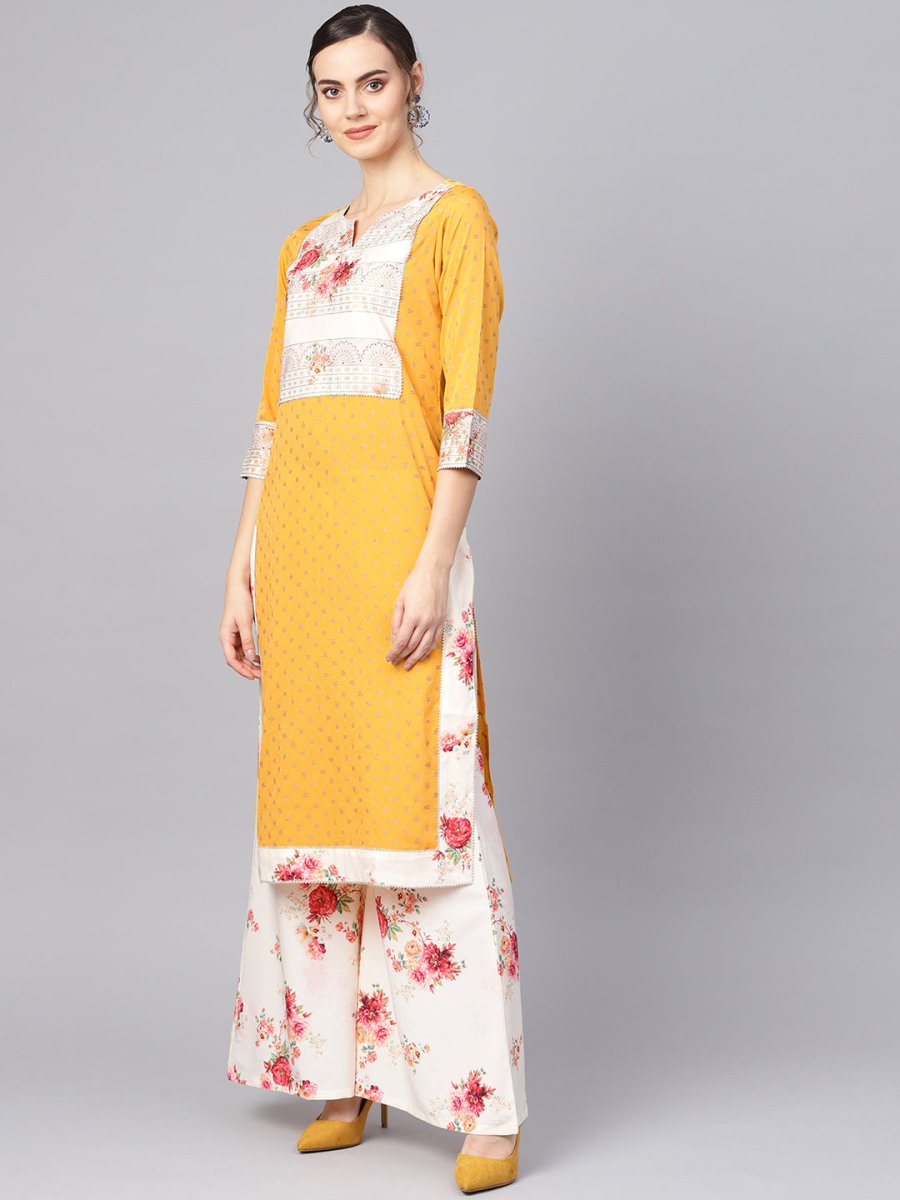 Ahalyaa Women Mustard Yellow & Cream-Coloured Printed Kurta with Palazzos & Dupatta