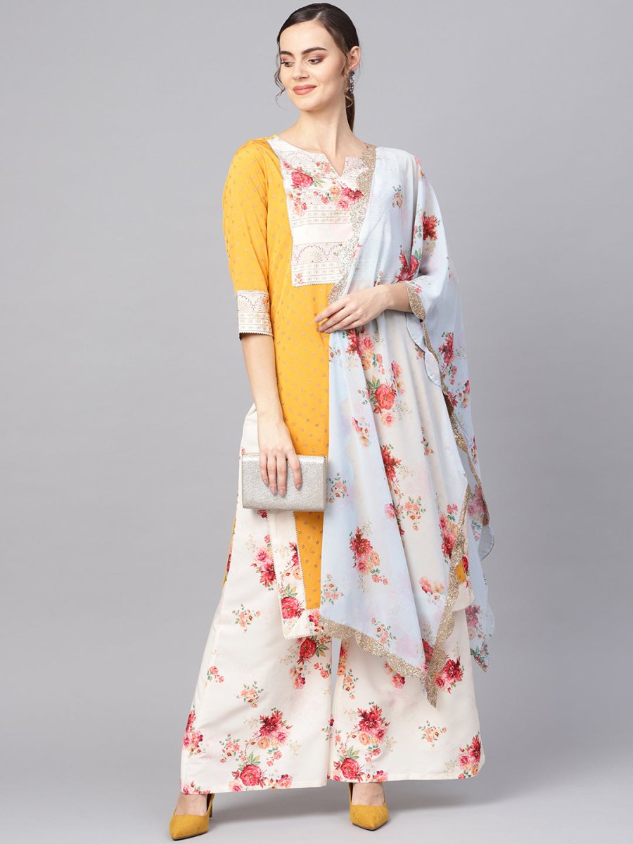 Ahalyaa Women Mustard Yellow & Cream-Coloured Printed Kurta with Palazzos & Dupatta