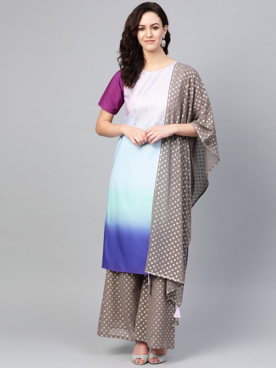 Ahalyaa Women Blue & Charcoal Grey Printed Kurta with Palazzos & Dupatta