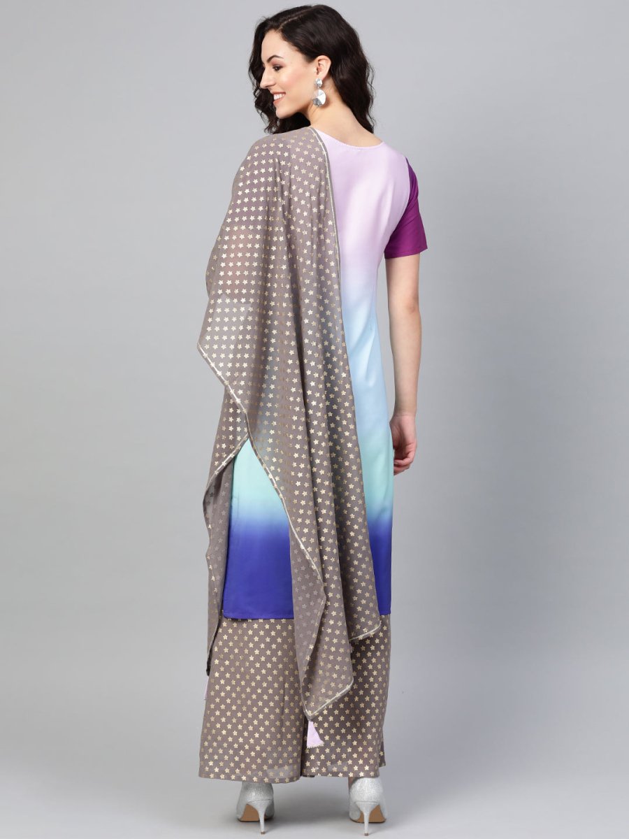 Ahalyaa Women Blue & Charcoal Grey Printed Kurta with Palazzos & Dupatta