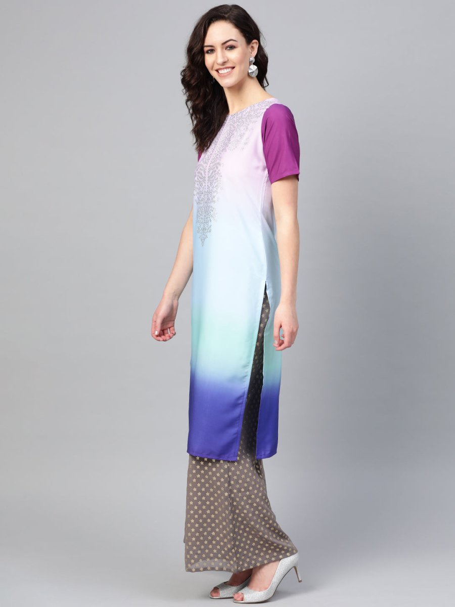 Ahalyaa Women Blue & Charcoal Grey Printed Kurta with Palazzos & Dupatta