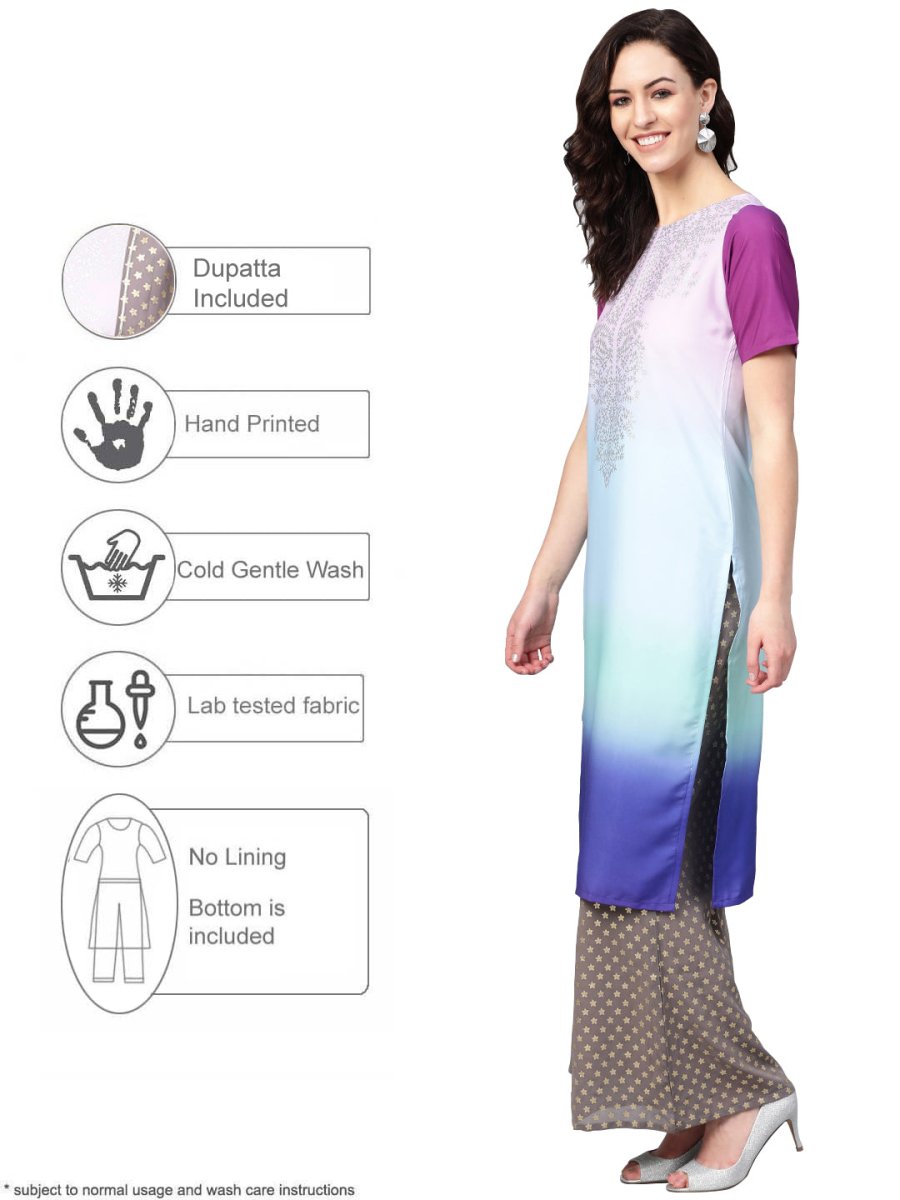 Ahalyaa Women Blue & Charcoal Grey Printed Kurta with Palazzos & Dupatta