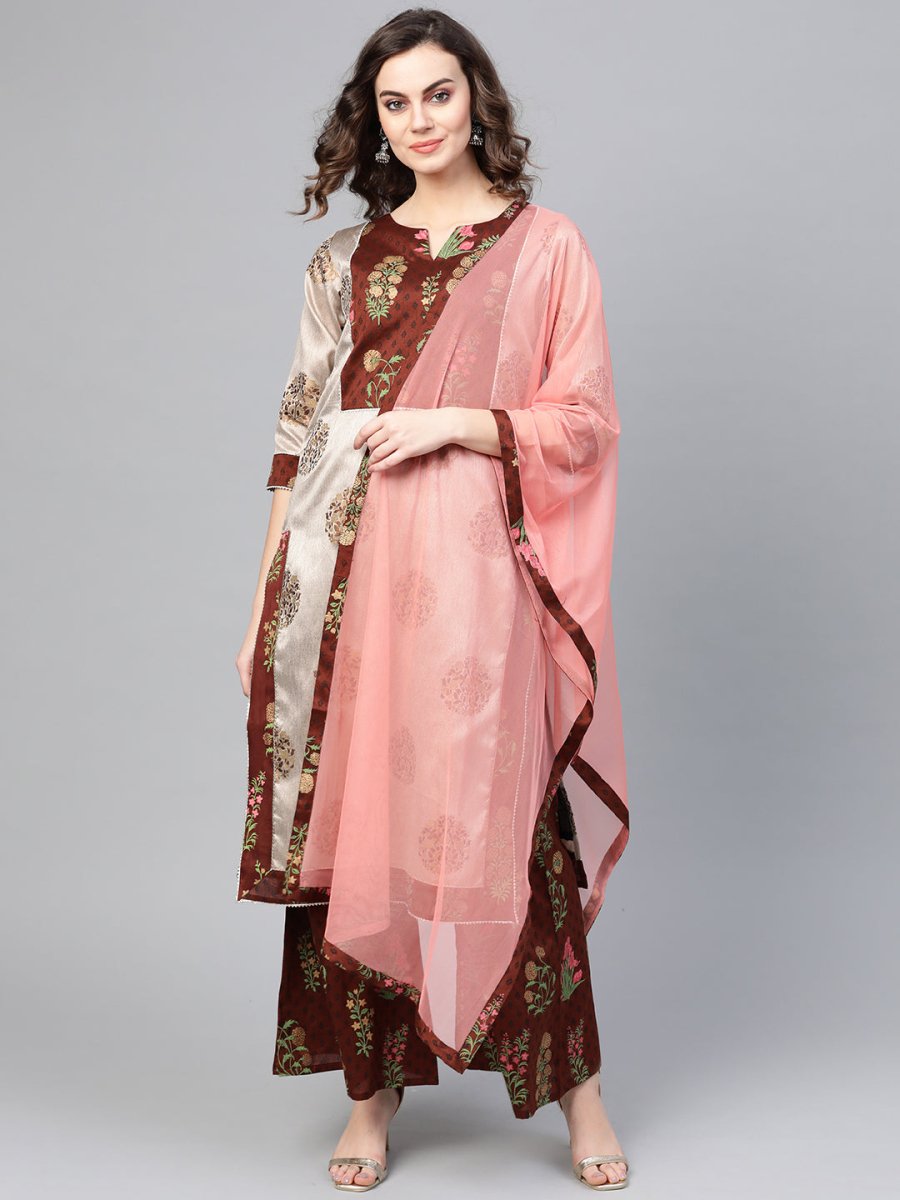 Ahalyaa Women Grey & Coffee Brown Printed Kurta with Palazzo & Dupatta