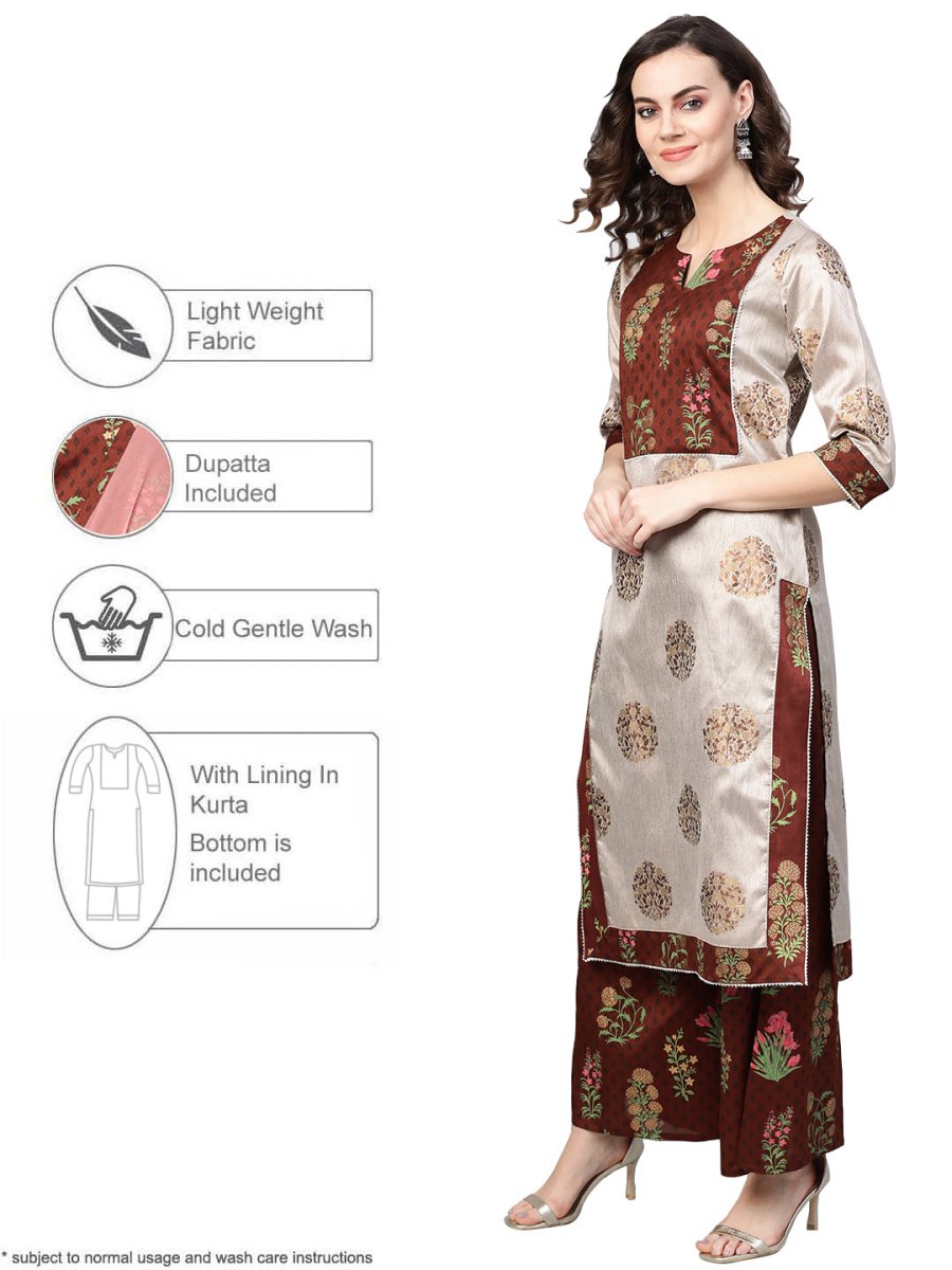 Ahalyaa Women Grey & Coffee Brown Printed Kurta with Palazzo & Dupatta
