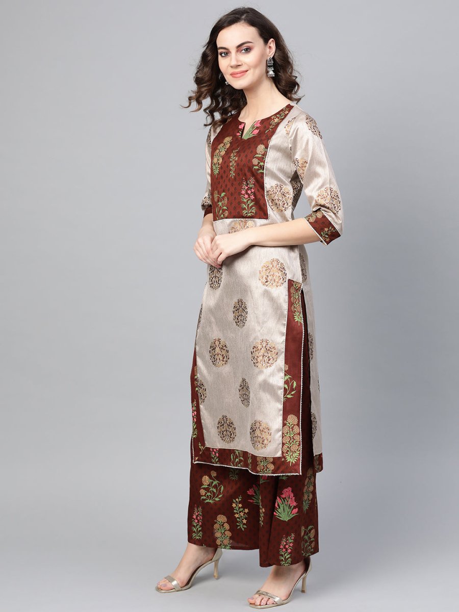 Ahalyaa Women Grey & Coffee Brown Printed Kurta with Palazzo & Dupatta