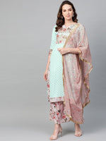 Thumbnail for Ahalyaa Women Sea Green & Pink Printed Straight Kurta with Palazzos & Dupatta