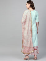 Thumbnail for Ahalyaa Women Sea Green & Pink Printed Straight Kurta with Palazzos & Dupatta
