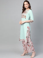 Thumbnail for Ahalyaa Women Sea Green & Pink Printed Straight Kurta with Palazzos & Dupatta