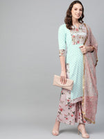 Thumbnail for Ahalyaa Women Sea Green & Pink Printed Straight Kurta with Palazzos & Dupatta