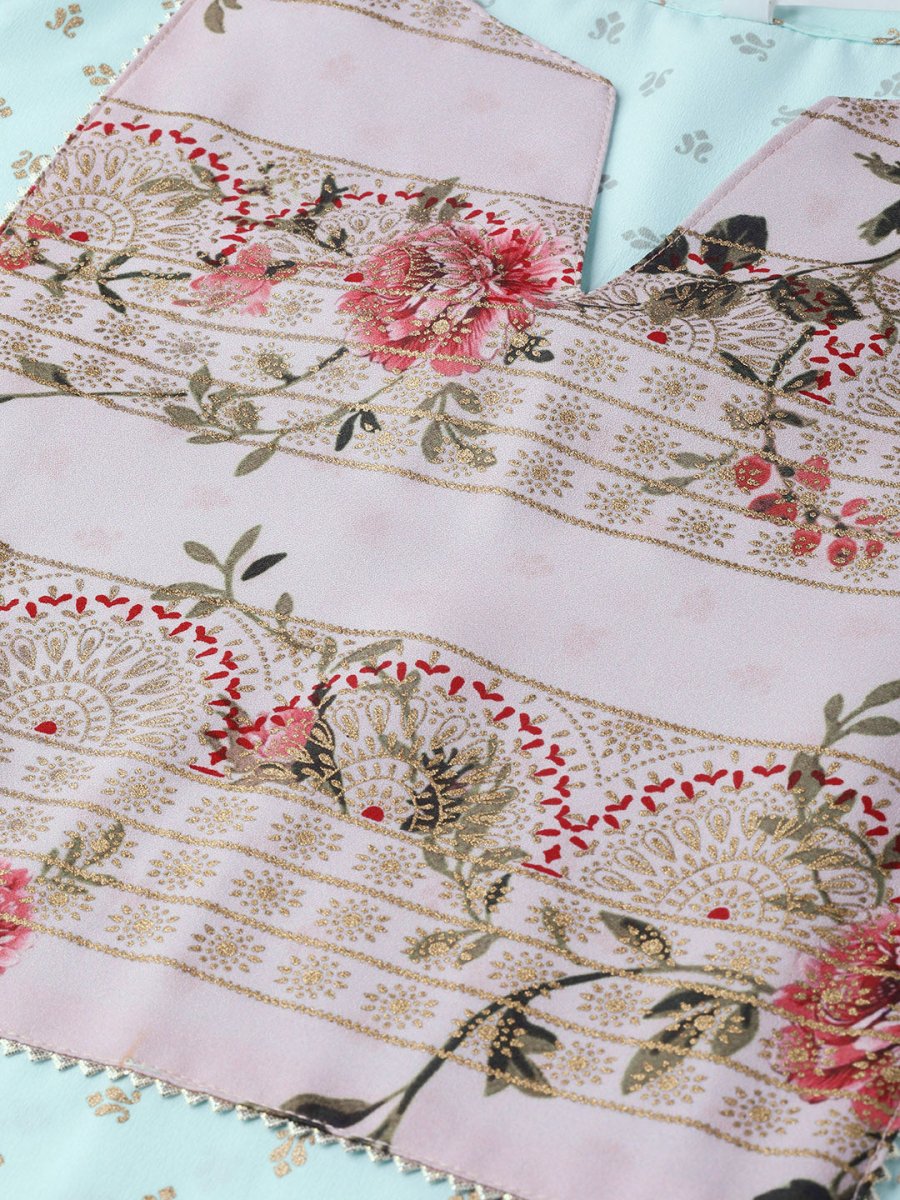 Ahalyaa Women Sea Green & Pink Printed Straight Kurta with Palazzos & Dupatta