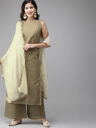 Ahalyaa Women Gold Beige Kurta Set