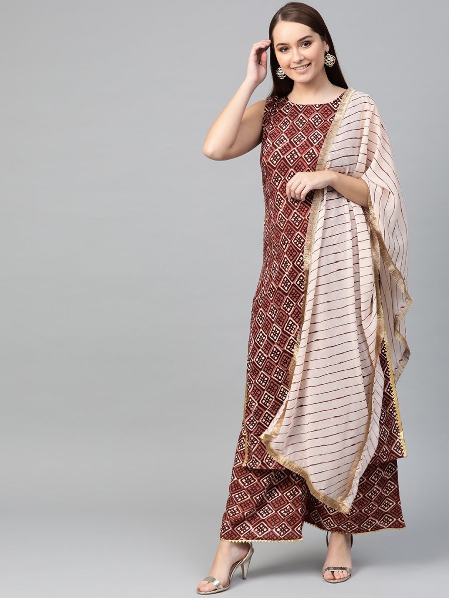 Ahalyaa Women Maroon & Off-White Printed Kurta with Palazzos & Dupatta - Distacart