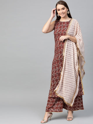 Ahalyaa Women Maroon & Off-White Printed Kurta with Palazzos & Dupatta - Distacart