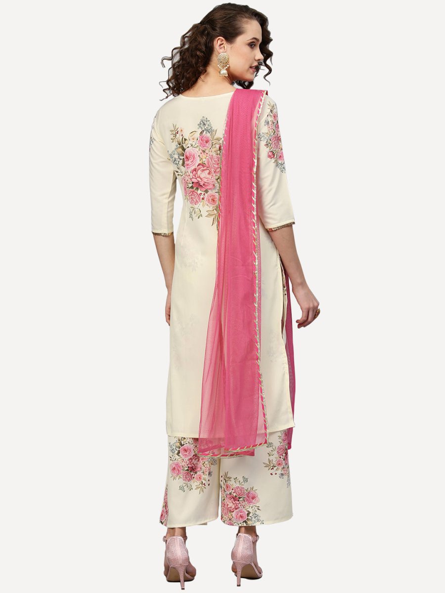 Ahalyaa Women Cream-Coloured & Pink Printed Kurta with Palazzos & Dupatta