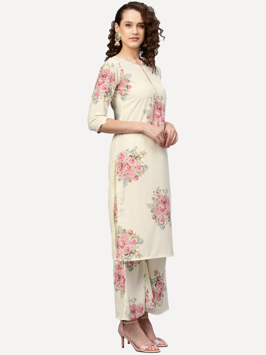 Ahalyaa Women Cream-Coloured & Pink Printed Kurta with Palazzos & Dupatta