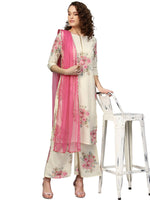 Thumbnail for Ahalyaa Women Cream-Coloured & Pink Printed Kurta with Palazzos & Dupatta