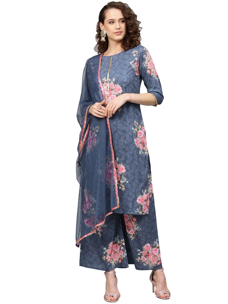 Ahalyaa Women Blue & Pink Printed Kurta with Palazzos & Dupatta