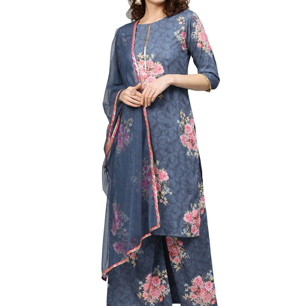 Ahalyaa Women Blue & Pink Printed Kurta with Palazzos & Dupatta