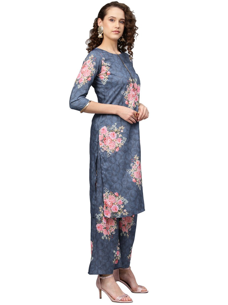 Ahalyaa Women Blue & Pink Printed Kurta with Palazzos & Dupatta
