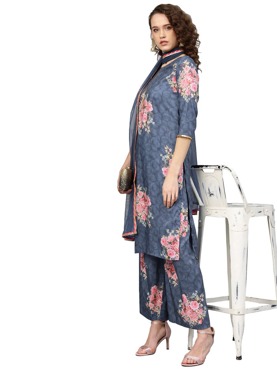 Ahalyaa Women Blue & Pink Printed Kurta with Palazzos & Dupatta