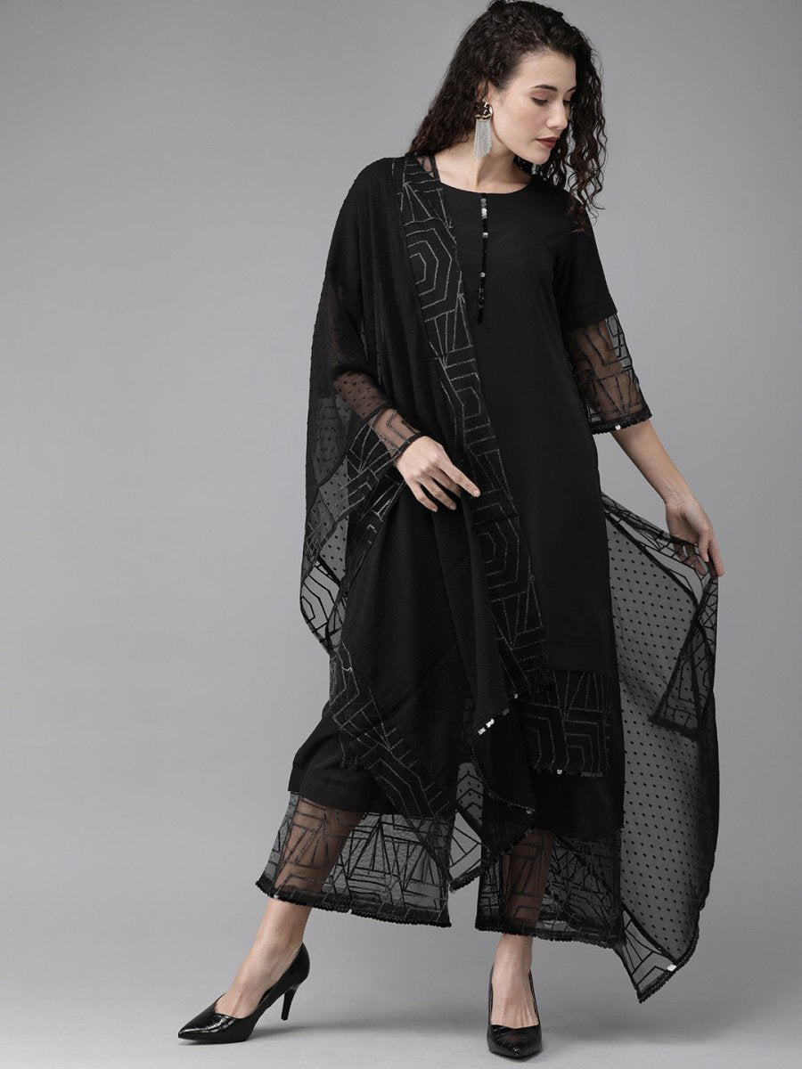 Ahalyaa Women Black Embellished Kurta with Palazzos & Dupatta