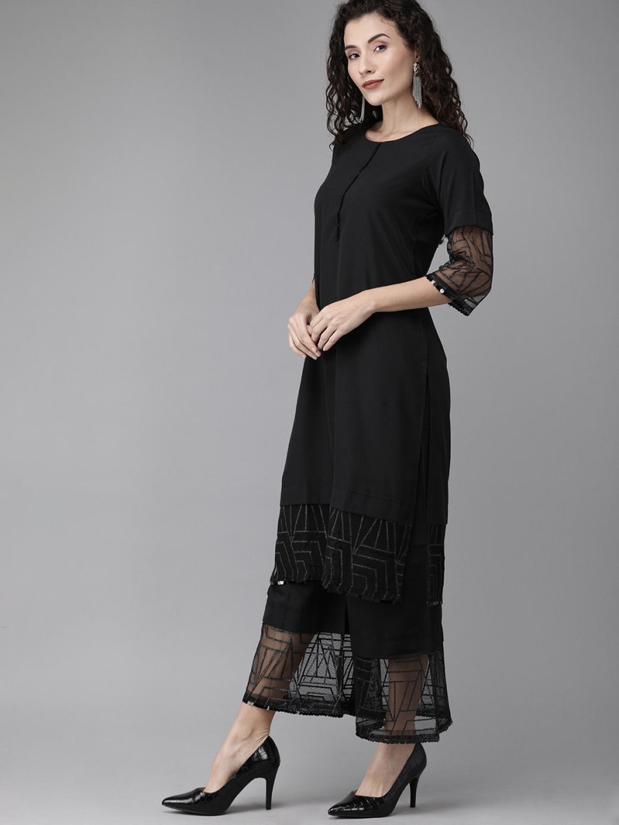 Ahalyaa Women Black Embellished Kurta with Palazzos & Dupatta