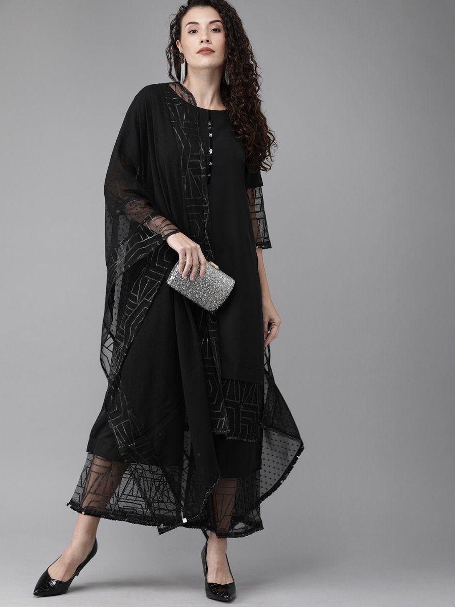 Ahalyaa Women Black Embellished Kurta with Palazzos & Dupatta