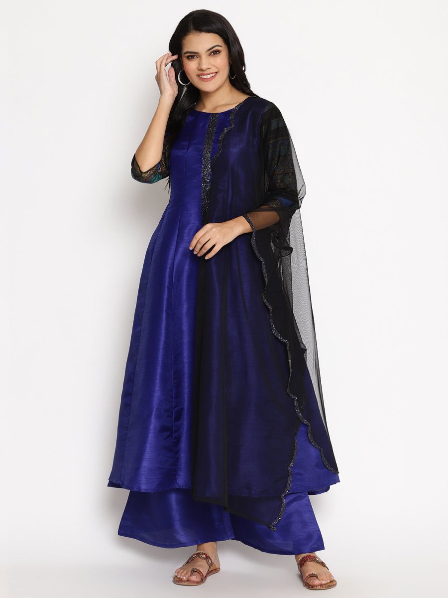 Ahalyaa Women Blue Solid Kurta With Palazzos & Dupatta