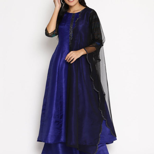 Ahalyaa Women Blue Solid Kurta With Palazzos & Dupatta