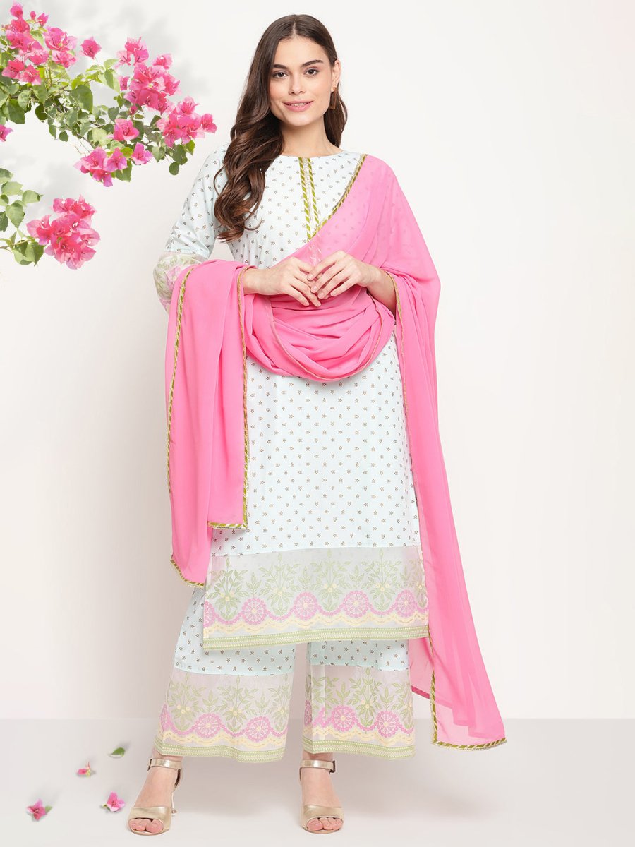 Ahalyaa Women Blue Ethnic Motifs Printed Regular Gotta Patti Kurta With Palazzos & Dupatta