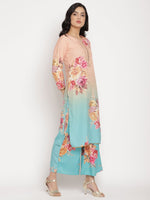 Thumbnail for Ahalyaa Women Peach-Coloured Floral Printed Regular Sequinned Kurta With Palazzos & Dupatta