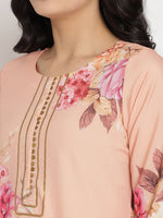 Thumbnail for Ahalyaa Women Peach-Coloured Floral Printed Regular Sequinned Kurta With Palazzos & Dupatta