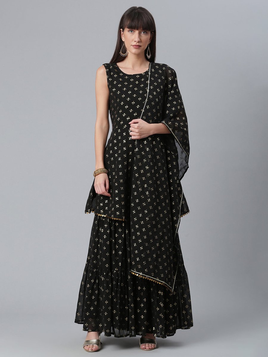 Ahalyaa Women Black Ethnic Motifs Printed Empire Kurta With Sharara & Dupatta