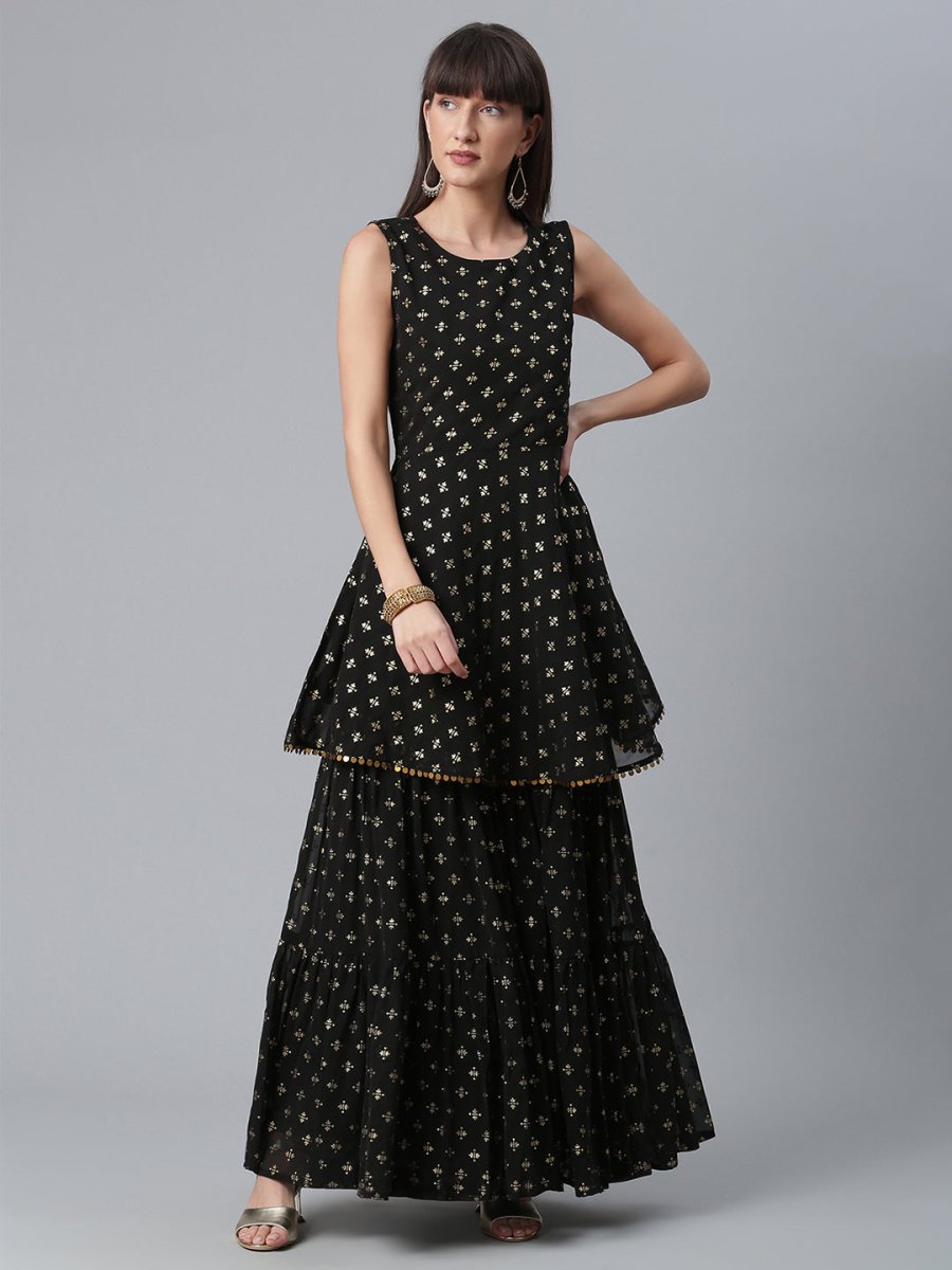 Ahalyaa Women Black Ethnic Motifs Printed Empire Kurta With Sharara & Dupatta